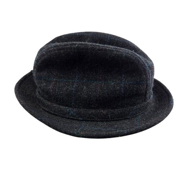 Churchill Ltd Fedora Hat Mens Large 7 1/4-7 3/8 Charcoal Gray Windowpane Plaid - Picture 1 of 8